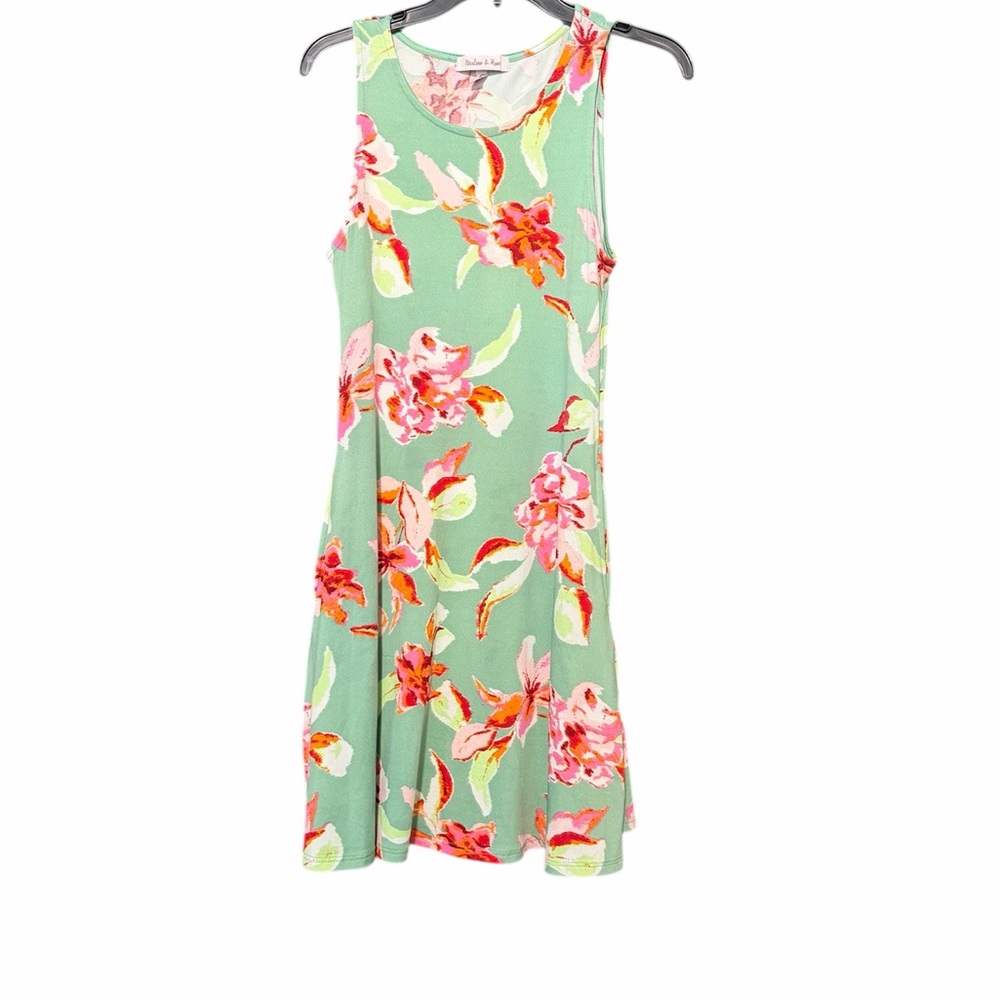 Floral Sleeveless Mini Dress in Green and Pink